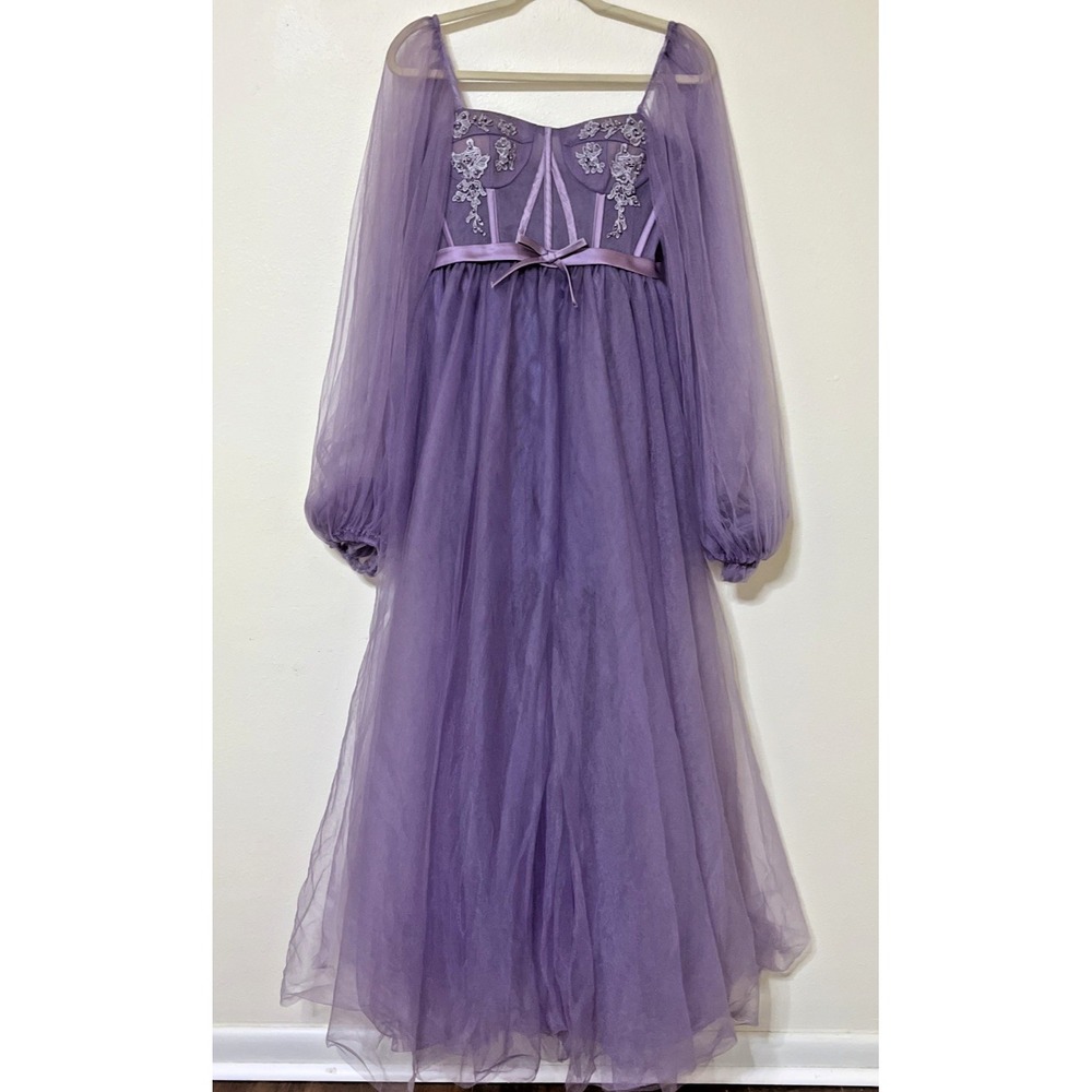 Fairytale Purple Tulle Long Sleeve Dress Silver Appliqués Ribbon Tie Back Size 6